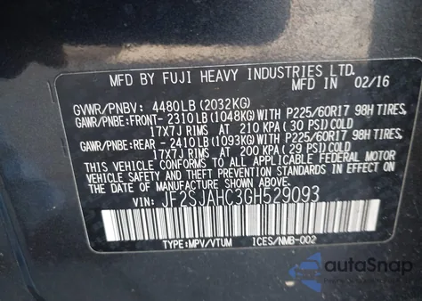 2016 Subaru Forester 2.5I Limited from USA, damaged, VIN JF2SJAHC3GH529093